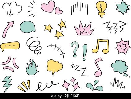 Doodle-Ausdruckselemente. Cartoon Charakter Emotion Symbole, niedliche chibi Ausdruck Masken handgezeichnete Scribing Doodle Vektor-Set Stock Vektor