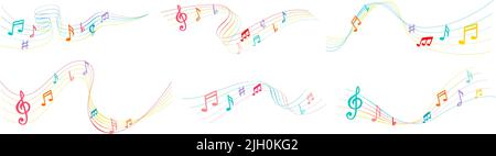 Farbliche Musiknoten. Notationslinien mit Noten-Symbolen, Liedwellen und musikalisch rainbow-Vektor-Illustration gesetzt Stock Vektor