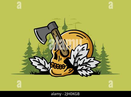 Illustration Design einer Axt, die im Schädel steckt Stock Vektor