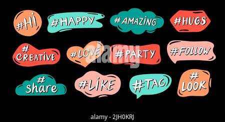 Hashtag-Beschriftungsetiketten. Aufkleber mögen, Etikett teilen und Markierung folgen. Happy, Love und Party Hashtags in Farbrahmen für Social Media Beiträge Vektor-Set Stock Vektor