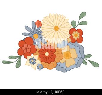 Vektor Groove Blume Komposition. Hippie-Cliparts mit Blumenmuster. Retro Bouquet vom Hintergrund isoliert. Natur Cliparts für Aufkleber, Druck auf T-Shirts Stock Vektor