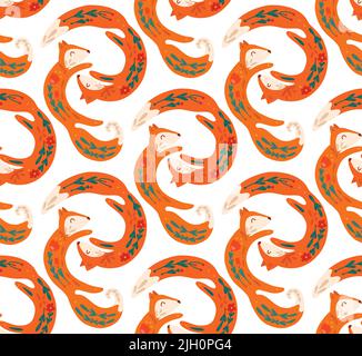 Vektor nahtlose Muster der tanzenden Volkskunst Füchse auf weißem Hintergrund. Animalische Textur Liebe und Familie. Hintergrund mit Tieren mit Blumen Stock Vektor