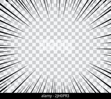 Burst-Frame mit Manga-Geschwindigkeit. Radiale Anime-Geschwindigkeitslinien. Crash-Zoom-Effekt für Comics. Schablone für die Überlagerung radialer Linien. Manga-brust-Rahmen. Boom-Effekt Stock Vektor