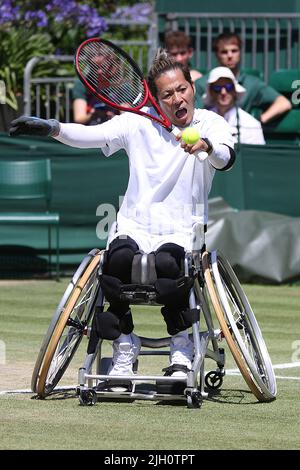 Koji Sugeno aus Japan ist ein japanischer Tennisspieler, der beim RollstuhlEinzel-Wettbewerb für Herren in Wimbledon 2022 spielt. Stockfoto