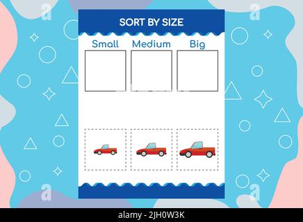 Sortieren von Bildern nach Größe. Schulungsarbeitsblatt Für Kinder. Stock Vektor