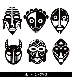 Afrikanische rituelle Masken Vektor-Design-Set, traditionelle Volkskunst Dekorationen in schwarz und weiß Stock Vektor