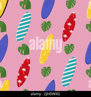 Cartoon Surfbretter im sommerlichen Design mit nahtlosem Muster. Sommer Sport Freizeit Aktivität, Urlaub Ausrüstung. Flache Vektorgrafik. Stock Vektor