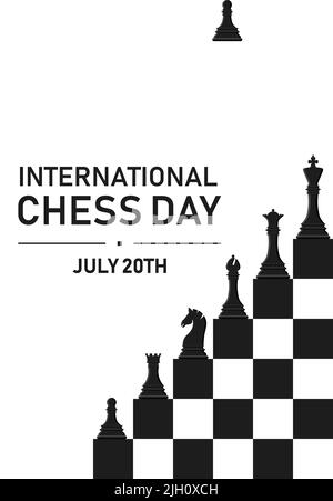 Internationaler Schachtag. Schwarze Silhouette Schachfiguren isoliert auf weißem Hintergrund gesetzt. Schachsymbole auf Schachbrett. König, Königin, Rook, Ritter, Bischof, Stock Vektor