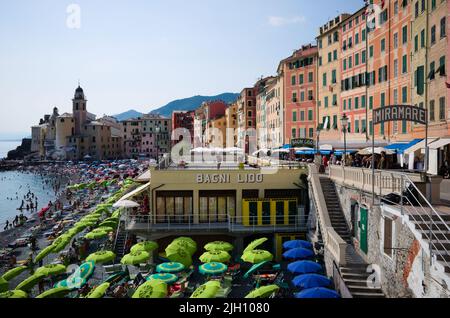 Camogli, Ligurien, Italien - Juni 2022: Strand mit vielen grünen Sonnenschirmen und Liegestühlen an der mittelmeerküste an der italienischen Riviera. Strand auf Ligurien Stockfoto