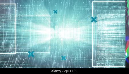 Bild der Datenverarbeitung auf hellen Spuren auf schwarzem Hintergrund Stockfoto