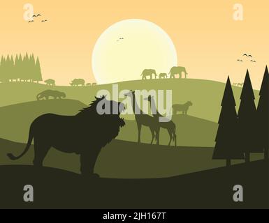 Eine Vektordarstellung der Silhouetten wilder Tiere in der Savanne Stock Vektor