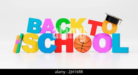 3D Zurück zur Schule Text auf weißem Hintergrund. 3D Rendern Stockfoto