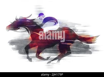 Rennpferd, Jockey laufen Aktion. Ausdrucksstarke Darstellung des Jockeys auf dem Pferd bei voller Geschwindigkeit. Imitation der Aquarellmalerei. Stockfoto