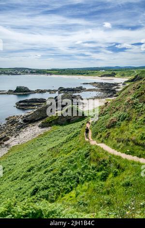 Blick auf Cullen Beach vom Pfad nach Portknockie auf dem Moray Coastal Path Scotland Stockfoto