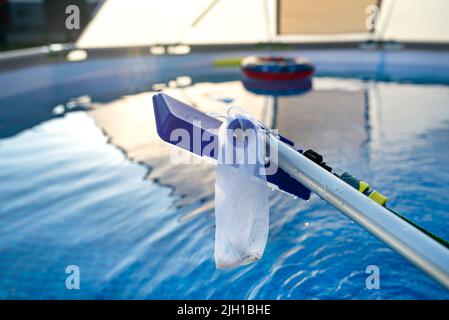 Reinigung des Hauspools im Garten mit einer Bürste, Reinigung und Wartung des Hauptpools. Stockfoto