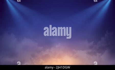 Leere Szene mit blauen Bühnenscheinwerfern, warmzentriertem, farbigem Licht und Rauch. Konzert Beleuchtung und Nebel, Nacht Show Hintergrund. Stockfoto