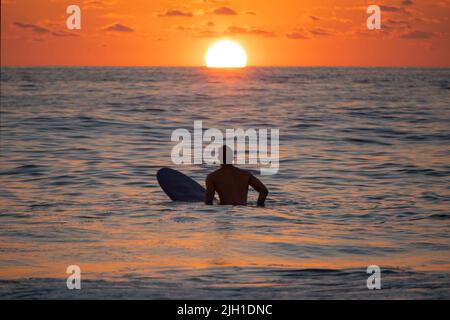 Silhouette des Surfers, der auf der Schlange auf eine Welle bei Sonnenaufgang oder Sonnenuntergang wartet Stockfoto