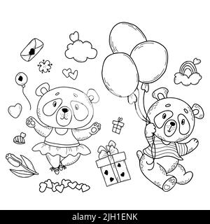 Set von niedlichen Panda-Figuren. Panda im gestreiften T-Shirt fliegt auf Luftballons Panda Mädchen Ballerina in Kleid und spitzenschuhe, Regenbogen in Wolken und Blumen Stock Vektor