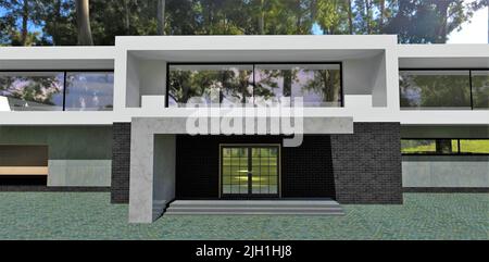 Flachdach High-Tech-Gebäude in einem Wald. Entransen zum Haus. Schwarze Ziegel, Beton und grauer Marmor. 3D Rendern. Stockfoto