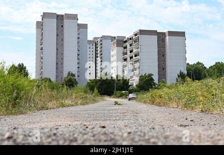 Dietzenbach, Deutschland. 14.. Juli 2022. Hinter einer unbebauten Fläche erheben sich die Hochhäuser der Wohnanlage Rosenpark im Spessartviertel, einem sozialen Hotspot, in den Himmel. Seit fast fünf Jahren erforschen Wissenschaftler, wie der Frankfurter Flughafen die soziale Struktur und die Wirtschaft in der Rhein-Main-Region beeinflusst. Kredit: Arne Dedert/dpa/Alamy Live Nachrichten Stockfoto