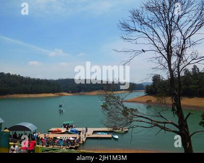 Die Leute warten am See, umgeben von Bäumen, um eine Fahrt mit Booten zu machen Stockfoto