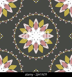 Nahtloses Vektor-Muster mit Blumenblüte auf grauem Hintergrund. Schlichtes florales Kreistapete-Design. Dekorative Lotus Blume Kranz Mode Textil. Stock Vektor