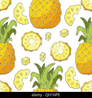 Nahtloses Muster mit tropischen Früchten. Ananas. Abbildung im Handzeichnen-Stil. Kann für Stoff verwendet werden Stock Vektor