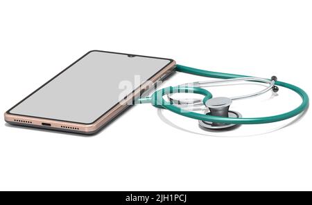 Mobiltelefon und Stethoskop auf weißem Hintergrund, 3D Rendering Stockfoto