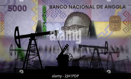 Angola Kwanza Geldzählmaschine mit Ölpumpe. Das Geschäft mit Erdölbohranlagen und Brennstoffenergie mit AOA-Banknoten zählt. Wirtschaft abstraktes Konzept backgrou Stockfoto