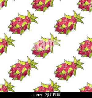 Nahtloses Muster mit tropischen Früchten. Drachenfrucht, Pitaya. Abbildung im Handzeichnen-Stil. Kann für Stoff verwendet werden Stock Vektor