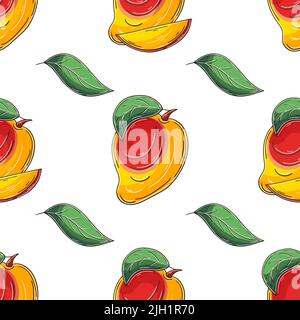 Nahtloses Muster für Küche, Restaurant oder Geschäft. Mango. Abbildung im Handzeichnen-Stil. Kann für Stoff verwendet werden Stock Vektor