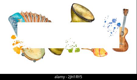 Rahmen der Volksmusik Instrumente Aquarell Illustration isoliert. Lateinamerikanische Conga, Akkordeon, Gitarre und Aquarell handbemalt. Design Stockfoto