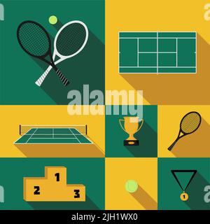 Tennis Icon Set im flachen Design: Schläger, Bälle, Platz, Netz, Prize Cup, Medaille, Sockel, grünes Gras oder Teppichfeld. Hergestellt in Vektorgrafik. Stock Vektor