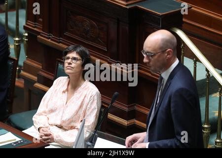 Energieminister Tinne Van der Straeten und Vizepremierminister und Finanzminister Vincent Van Peteghem im Bild bei einer Plenarsitzung der Kammer im Bundestag in Brüssel am Donnerstag, den 14. Juli 2022. BELGA FOTO NICOLAS MAETERLINCK Stockfoto