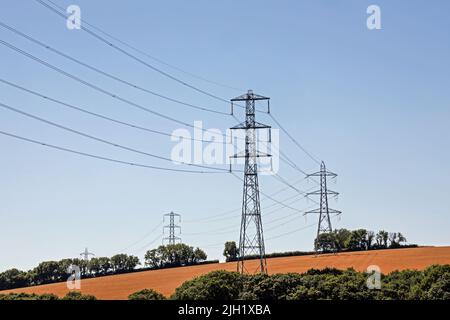 Strommasten (auch bekannt als Transmission Tower) über Feldern im Osten von Cornwall. Stockfoto