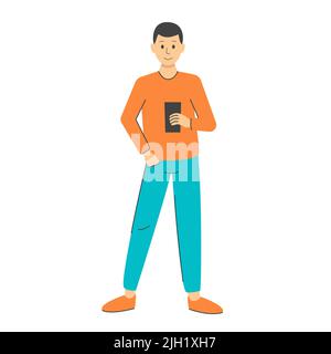 Mann mit Telefon isoliert Vektor . Der junge Kerl steht und hält das Smartphone in der Hand. Erwachsene schreibt eine Nachricht, kommuniziert über soziale Netzwerke oder Dating Stock Vektor