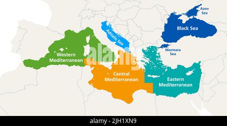 Mittelmeer und die Meeresgewässer des Schwarzen Meeres, politische Landkarte. Geografische Subregionen für Fischerei- und Aquakulturmanagement. Stockfoto