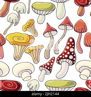 Herbststimmung mit Pilzen. Abbildung im Handzeichnen-Stil. Nahtloses Muster mit Waldpilzen. Kann für Stoff, Verpackung, Verpackung usw. verwendet werden Stock Vektor