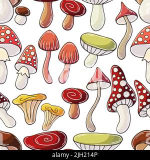 Herbststimmung mit Pilzen. Abbildung im Handzeichnen-Stil. Nahtloses Muster mit Waldpilzen. Kann für Gewebe, Verpackungen und etc. Verwendet werden Stock Vektor