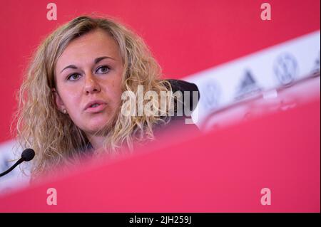 London, Großbritannien. 14.. Juli 2022. Fußball: Nationalmannschaft, Frauen, EM 2022, Pressekonferenz Deutschland: Quelle: Sebastian Gollnow/dpa/Alamy Live News Stockfoto