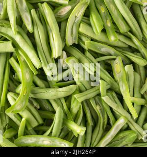 Stapel von geschnittenen und gereinigten grünen Bohnen, auch als französische Bohnen, Schnur Bohnen oder Druckknöpfe bekannt, Gemüse zum Kochen vorbereiten, Lebensmittel Hintergrund Stockfoto