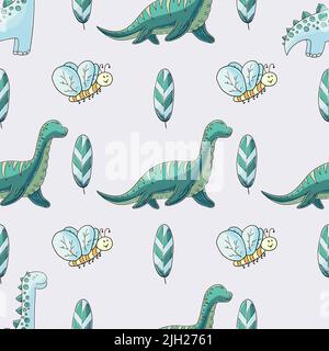 Dinosaurier Hintergrund in blauer Palette. Handgezeichnetes niedliches Dinosaurier-Nahtloses Muster. Druck für Stoffdesign, Textil Stock Vektor