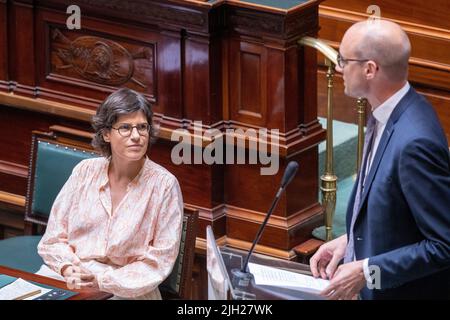 Energieminister Tinne Van der Straeten und Vizepremierminister und Finanzminister Vincent Van Peteghem im Bild während einer Plenarsitzung der Kammer im Bundestag in Brüssel am Donnerstag, den 14. Juli 2022. BELGA FOTO NICOLAS MAETERLINCK Stockfoto