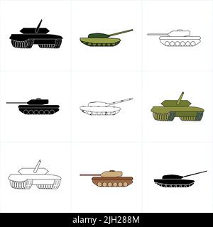 Tank Symbol Vektor. Satz von Tank militärischen Linie, flach und Farbe Symbole gesetzt. In weißem Hintergrund. Editierbar. Tank Icons Set. Tank militärischen Icons Sammlung Stock Vektor