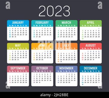 Farbenfroher Jahreskalender 2023 isoliert auf dunklem Hintergrund Stock Vektor
