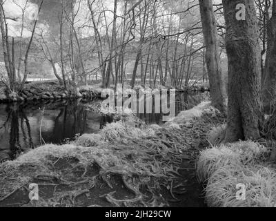 Eine Infrarotaufnahme des Flusses Derwent bei Borrowdale im Lake District National Park, Cumbria, England. Stockfoto