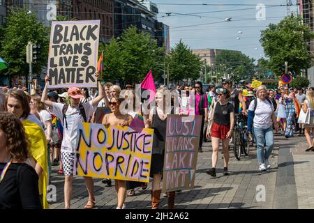 Black Trans Lives Matter und andere handgeschriebene Kartonschilder bei der Helsinki Pride 2022 Parade in Mannerheimintie, Helsinki, Finnland Stockfoto