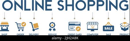 Banner Online Shopping Vektor Illustration Konzept mit dem Symbol von Shop, Bestellung, Lieferung, Service, Kreditkarte, Computer, Verkauf und Produkt Stock Vektor