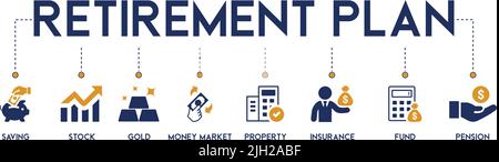 Rentenplanung, Unternehmen, Finanzen, Banken konzeptionelle Vektor-Illustration mit dem Symbol des Sparens, Aktien, Gold, Geldmarkt, Immobilien, Versicherung Stock Vektor