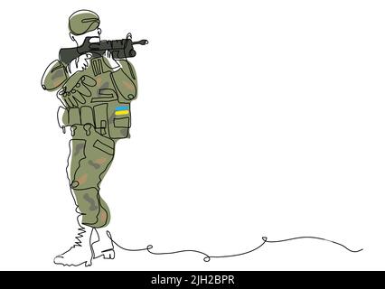 Ukrainischer Soldat im vollen Wachstum mit der Waffe in khaki die militärische Form der Streitkräfte. Vektorgrafik. Eine fortlaufende Linie Art Zeichnung Hintergrund Stock Vektor
